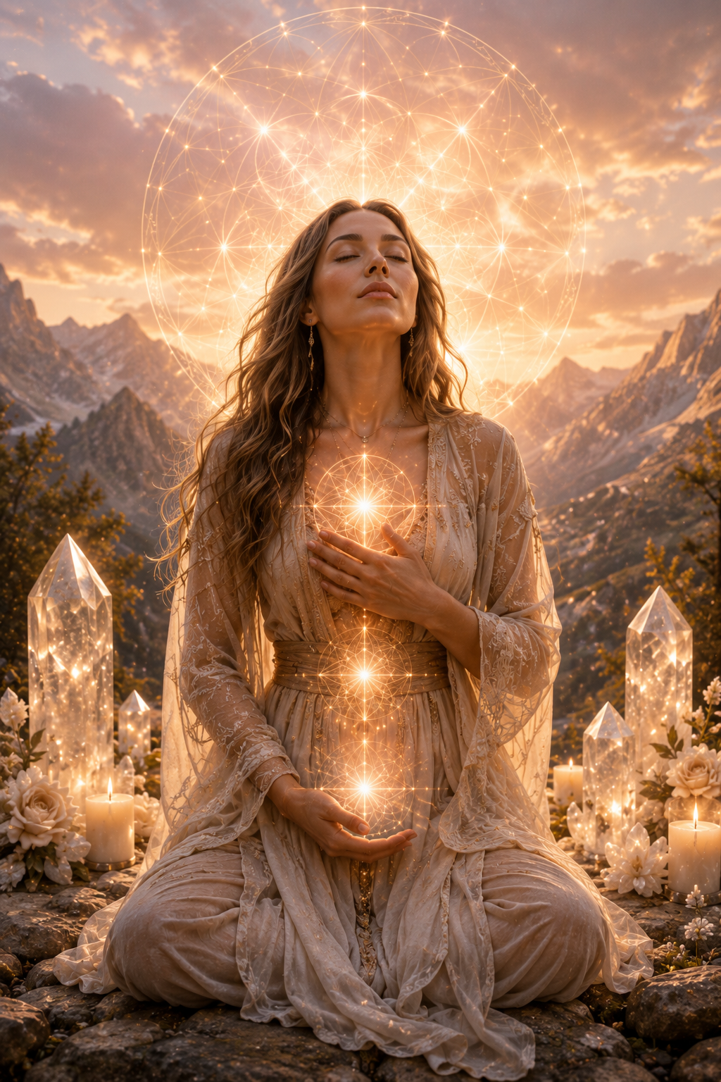 Reiki guide in meditation with luminous energy centers