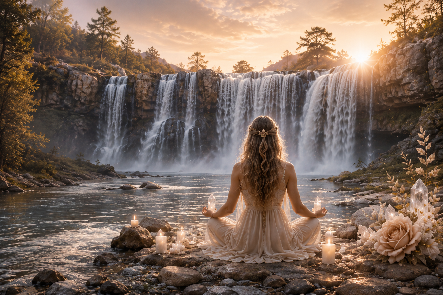 Woman meditating beside a waterfall at sunrise