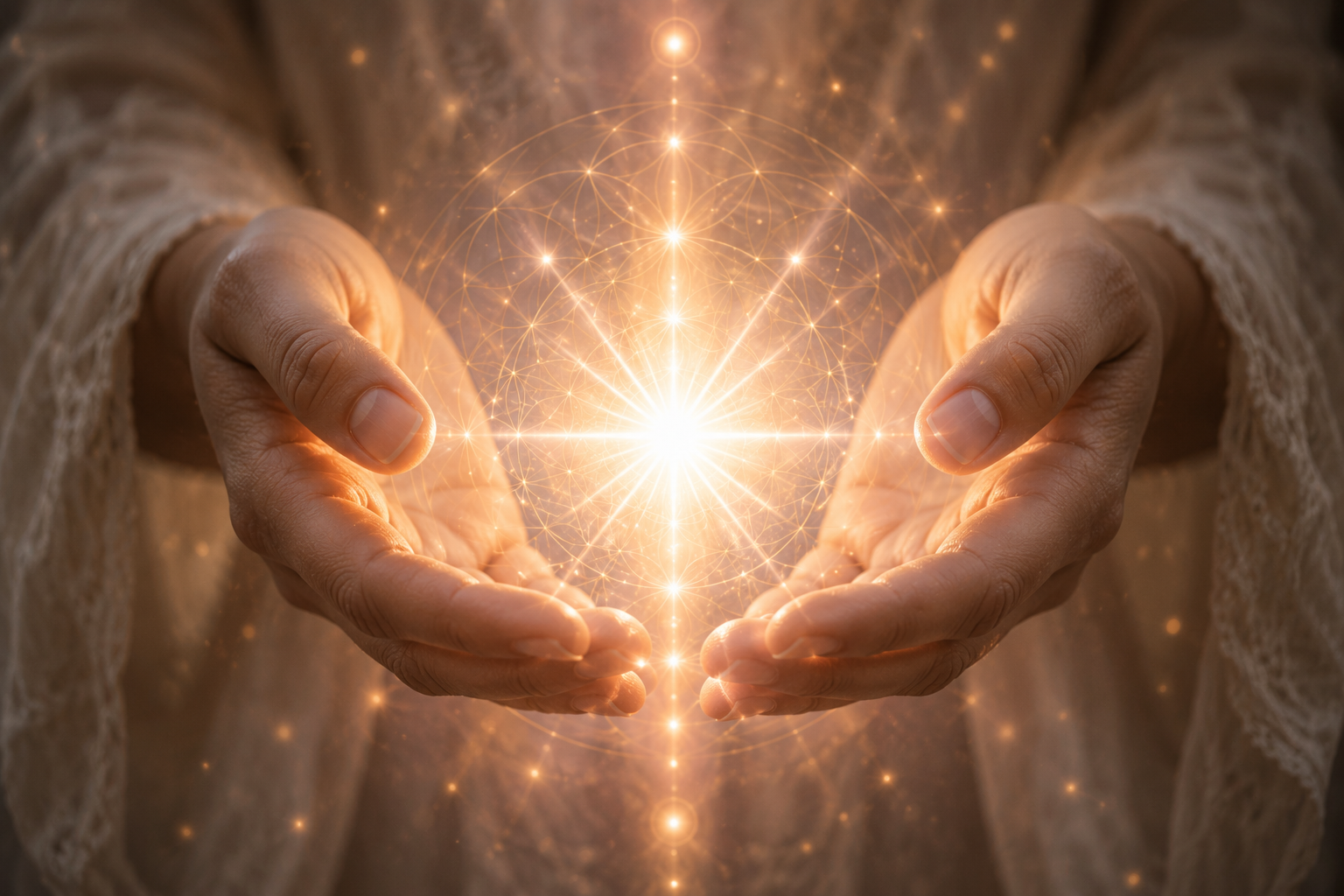 Hands holding radiant Reiki energy
